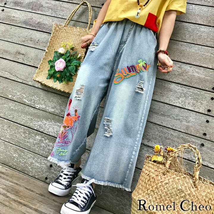 楽天市場 送料無料 Romelcheo ワイド デニム パンツ ダメージ加工 刺繍 ジーンズ フレア ガウチョ レディース 切りっぱなし カットオフ ビッグシルエット アンクル丈 古着風 アメカジ ロメルチェオ Romelcheo