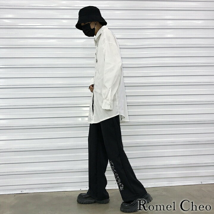 楽天市場 送料無料 Romelcheo ストレート パンツ スラックス プリント ロゴ イラスト 和風 シンプル メンズ レディース ユニセックス モノトーン ストリート V系 モード系 パンツ イン カジュアル きれいめ ロメルチェオ Romelcheo