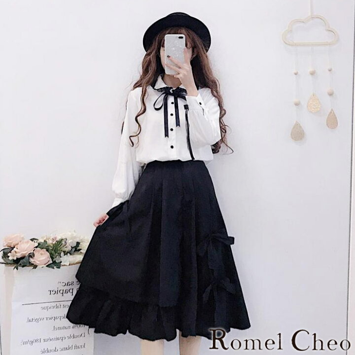 楽天市場 送料無料 Romelcheo 黒リボンアシメスカート リボンスカート 黒 モノトーン レディース ロリータ ゴス ドレープ ゆるかわ ガーリー ひざ丈 アシンメトリー 美ライン フレア モード系 ファッション 服 カジュアル きれいめ おしゃれ ロメルチェオ Romelcheo