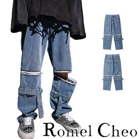 【送料無料】RomelCheo ジップ 2way デニム パンツ Y2K ジーンズ ローライズ ハーフ 5分丈 ロング ルーズ 半ズボン スリット ファスナー ゆったり メンズ ワイドデニム ボーイフレンド ストリート系 ファッション ロメルチェオ