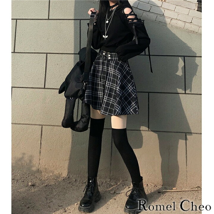 楽天市場 送料無料 Romelcheo 白黒 チェック ミニ スカート チェック柄 格子柄 ハイウエスト フレア レディース モノトーン レディース ガーリー 韓国 ファッション 原宿系 青文字系 制服系 コーデ カジュアル ロメルチェオ Romelcheo
