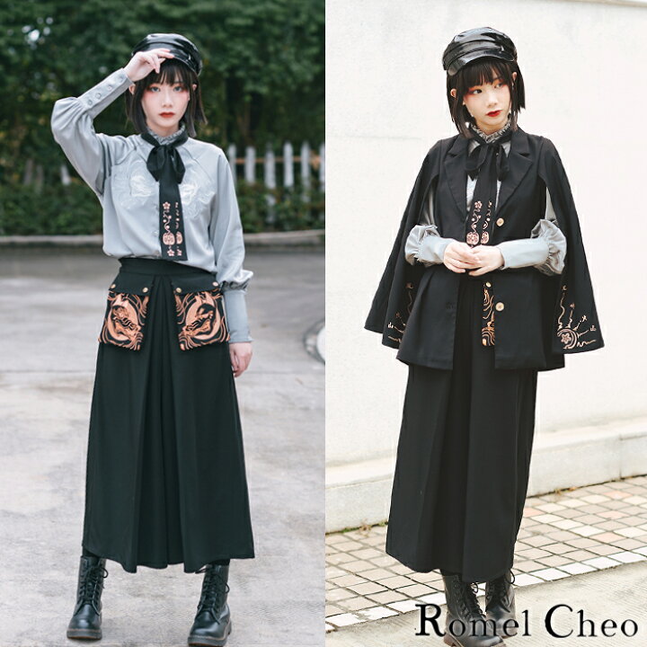 楽天市場】RomelCheo 狐仙 刺繍 ガウチョ パンツ ワイド 袴 九分丈 