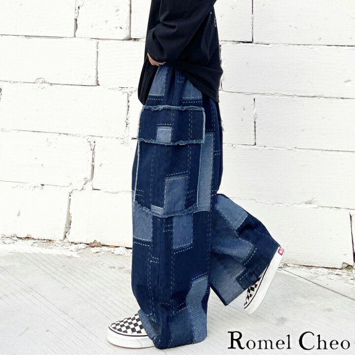 楽天市場】RomelCheo リメイク風 パッチ 切替 デニム パンツ ワイド  