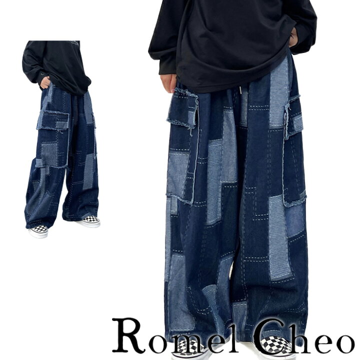 楽天市場】RomelCheo リメイク風 パッチ 切替 デニム パンツ ワイド 