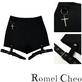 【送料無料】RomelCheo レッグリングショートパンツ 短パン ショーツ ハーフパンツ ハイウエスト ひざ上丈 ショート丈 ショーパン クロスチャーム付き モノトーン クール ゴス パンク レディース モード系 ストリート 原宿系