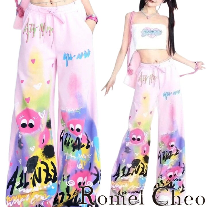 楽天市場】【送料無料】RomelCheo レインボー落書き風パンツ ワイド  