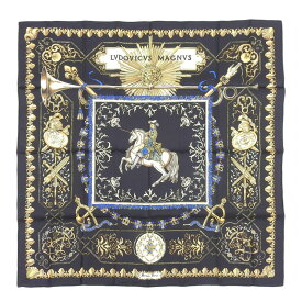 【中古】 エルメス HERMES カレ90 スカーフ 「LVDOVICVS MAGNVS」 「白馬にまたがったルイ14世」 シルク ブラック 美品 新入荷 HE1003