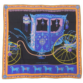 【中古】 エルメス HERMES カレ90 COUPE DE GALA 「クーペドゥガラ」 スカーフ シルク ブラック/ブルー/オレンジ 美品 新入荷 HE1108