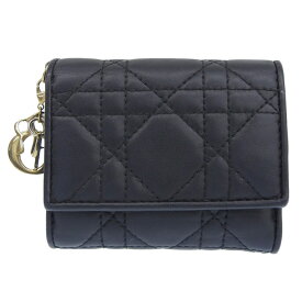 【中古】 ディオール CHRISTIAN DIOR レディディオール ロータスウォレット 三つ折り財布 カナージュ レザー ブラック 新入荷 OBB0612