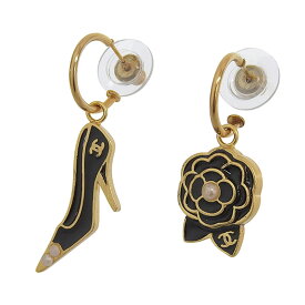 【中古】 シャネル CHANEL カメリア ハイヒール ココマーク ピアス GP ブラック ゴールド色 02A 新入荷 CH1095
