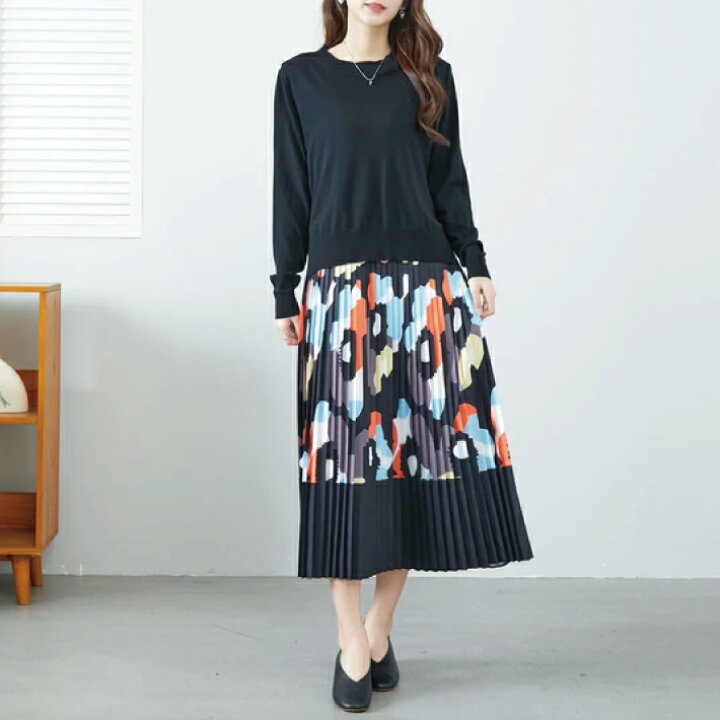 楽天市場】【店内全品SALE】 長袖 ニット × プリーツ ワンピース 2点  