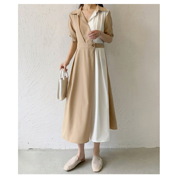 楽天市場】クーポン＆P2倍!! ミモレ丈 ツートン ワンピース 半袖  