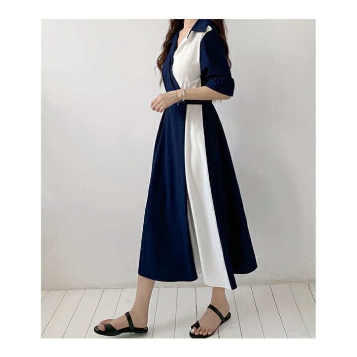 楽天市場】クーポン＆P2倍!! ミモレ丈 ツートン ワンピース 半袖  