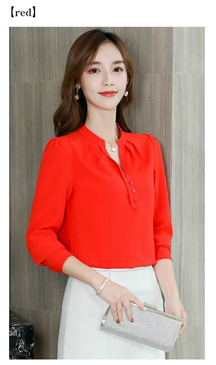 楽天市場 送料無料 即納 フロントボタン タック ベーシック スキッパー ブラウス 襟なし ノーカラー 長袖 上品 レディース トップス シャツ 無地 秋 冬 春 夏 秋冬 清楚 フォーマル シフォン 薄手 とろみ オフィスカジュアル ｖネック 長袖 白 黒 赤 ホワイト