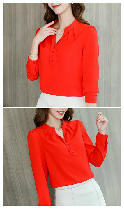 楽天市場 送料無料 即納 フロントボタン タック ベーシック スキッパー ブラウス 襟なし ノーカラー 長袖 上品 レディース トップス シャツ 無地 秋 冬 春 夏 秋冬 清楚 フォーマル シフォン 薄手 とろみ オフィスカジュアル ｖネック 長袖 白 黒 赤 ホワイト