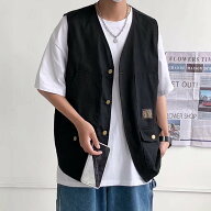 ベスト メンズ ジレ ワークベスト カジュアル Vネック 前開き ゆったり 大きいサイズ オーバーサイズ 多…