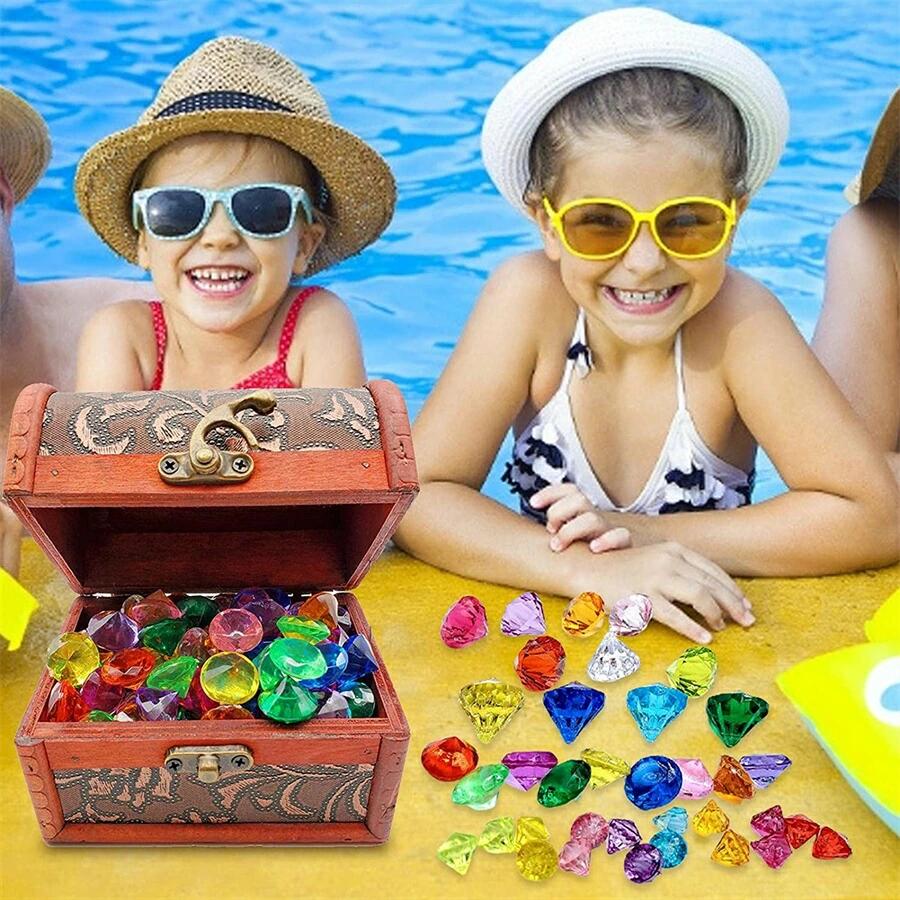 カラフルな宝石と宝箱 おもちゃ100点セット おままごと ごっこ遊び 子供用 女の子 ダイビングジェムプールのおもちゃ プールダイビングおもちゃ 水中水泳おもちゃセット プールパーティー上
