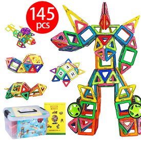 FlyCreat 磁石ブロック 磁気 おもちゃ マグネットブロック 3d立体パズル 145ピース 磁気ブロック 磁石 おもちゃ 知育玩具 ゲーム ブロック おもちゃ 誕生日 入園 ギフト 出産祝い プレゼント 贈り物 収納ケース付き