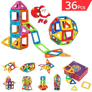 FlyCreat 磁石ブロック マグネッおもちゃ 磁石パズル 3D立体パズル 36pcs 磁気ブロック DIY磁気積み木 知育玩具 学習玩具 想像力と創造力を育てる 三角形24個 正方形12個 オモチャ 積み木 男の子 