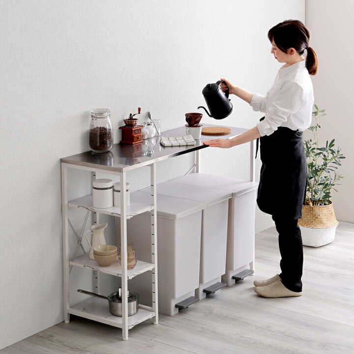 最大10,000円OFFクーポン<br>BAREO キッチン収納 60cm幅 レンジ台 ゴミ箱付きキッチンラック キッチンカウンター レンジ台 カップボード 食器棚 キッチンボード おしゃれ ダイニングボード 組み立て品 キャスター付き ゴミ箱 ECRF