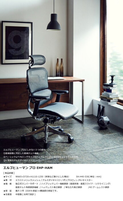 Ergohuman エルゴヒューマン プロ チェア ヘッドレスト付き メッシュ Ergohuman エルゴヒューマン プロ チェア ヘッドレスト付き メッシュ