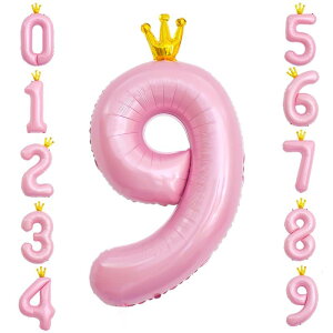 GRESATEK バルーン 数字 風船 誕生日 40インチ 大きい ナンバー9 バースデーバルーン 王冠付き クラウン 飾り付け 結婚式 パーティー 記念日 ウェディング ピンク