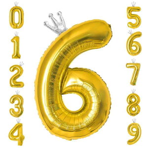 GRESATEK バルーン 数字 風船 誕生日 40インチ 大きい ナンバー6 バースデーバルーン 王冠付き クラウン 飾り付け 結婚式 パーティー 記念日 ウェディング ゴールド