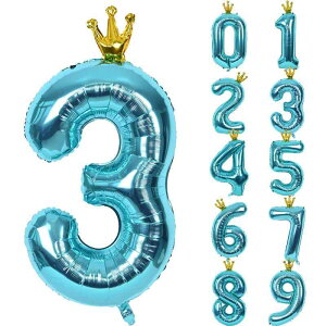 Lausatek バルーン 数字 風船 誕生日 40インチ 大きい ナンバー3 王冠付き クラウン バースデー 飾り付け パーティー 記念日 結婚式 男の子 女の子 約100cm 青緑 ブルー