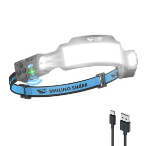 Smiling Shark �w�b�h���C�g TS-6 �y�V�o��E�����P�xCOB���C�g*6�E���߂ȏW�����C�g�z���P�x�w�b�h���C�g Type-C�[�d�� LED�w�b�h�����v ���� 6�Ɩ����[�h �_�� 270°�L�p�Ɩ� �l���Z���T�[�t�� 300