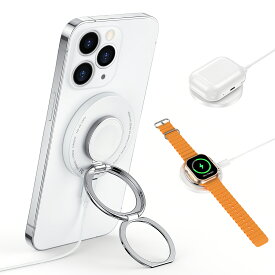 ＼お盆連休～p20倍／RORRY ワイヤレス充電器 magsafe充電器 apple watch 充電器[革新的な2段式スマホリング・3in1充電器・両面同時充電] 15Wワイヤレス急速充電 iPhone アップルウォッチ同時充電 magsafeスタンド