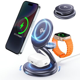 3in1 ワイヤレス充電器【リアル15W Qi2認証済み 360°回転式スタンド】折りたたみ式magsafe充電器 自由調整 低温安全 3台同時充電 マグセーフFor iPhone/applewatch/Airpods 亜鉛合金 qi2充電 急速