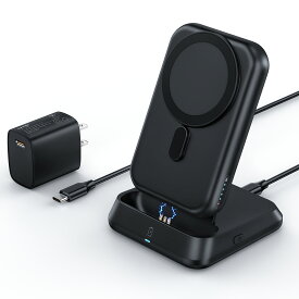 RORRY Magsafe モバイルバッテリー 10000mah マグセーフ 2in1 ワイヤレス充電器 充電スタンド付き パススルー充電 15W for iPhone 充電器 pd 22.5W 軽量 大容量 PSE認証済 iPhone/Airpods 持ち運び 旅行/出張/緊急用
