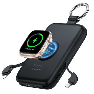 【SNS話題沸騰 超ミニ 急速充電】RORRY Apple Watch 充電器 モバイルバッテリー USB-Cケーブル内蔵 アップルウォッチ充電 ワイヤレス充電 小型 軽量 iphone同時充電 最新OS対応 For Apple Watch 全シリーズ