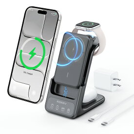 ＼新品発売限定1500円OFF★ポイント20倍／RORRY AuraDock ワイヤレス充電器 4in1 モバイルバッテリー magsafe 15W apple watch 充電器 iphone 同時充電 5000mah qi マグセーフ 充電ステーション 小型 軽量 薄型 アップルウォッチ/ iPhone /airpods対応
