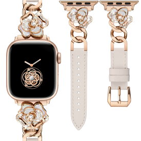 Apple Watchバンド アップルウォッチベルト レザー ブリンブリン ダイヤモンド レディース バンド 49/46/45/44/42/38/40/41mm かわいいローズフラワー柄 キラキラ レザー 蒸れない 長さ調整 おしゃれ