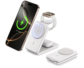 【折りたたみ式 4in1ワイヤレス充電器】10000mAh モバイルバッテリー 大容量 magsafe充電器 充電ステーション一体型 15W急速充電 iPhone 16/15/14/13/12/Apple Watch Ultral2/Ultral/Series10/9/8/7/SEなどに対応