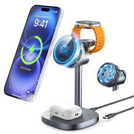 \P10倍/ RORRY Qi2冷却ファン付き3in1ワイヤレス充電スタンド【スマホ熱対策・15W急速・静音設計】 3台同時に充電 TEC半導体スマホクーラー 過熱防止 マグネット式 充電ステーション magsafe対応 アルミニウム合金 ペルチェ素子 For iPhone/Apple Watch/Airpods