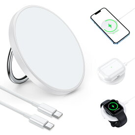 RORRY [昇進型For Magsafe充電器] 3IN1ワイヤレス充電器 Apple Watch充電器 iPhone/Apple Watch/Airpodsに対応 スマホリング機能付 15W出力 同時充電 コンパクト TYPE-Cケーブル付 磁力 Apple Watch Series3-7/iPhone12/13mag-safe対応シリーズ/QI対応機種/Airpodsなどに対応