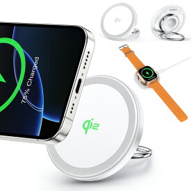 ＼＼お盆連休～p10倍／／RORRY 【Qi2公式認証 3IN1 ワイヤレス充電器 真15w出力】apple watch充電器 magsafe充電器 qi2 充電器 For iPhone/Apple Watch同時充電 強磁力 過熱保護 スマホリング・スタンド付 軽量 コンパクト