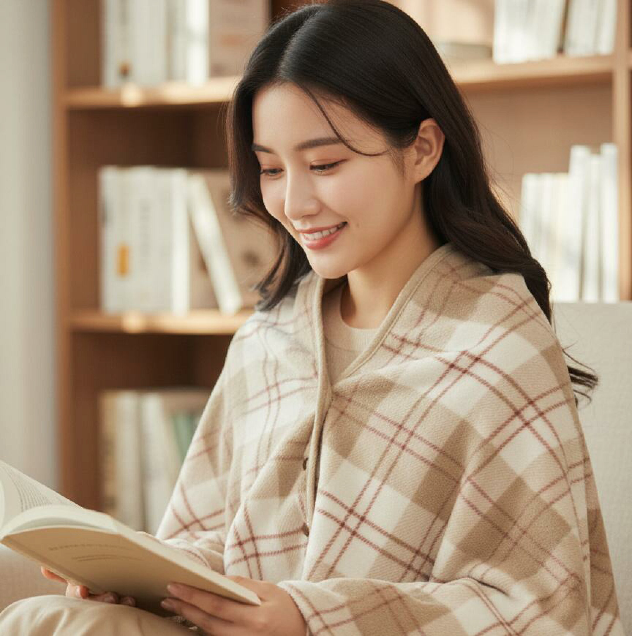 ベージュチェック柄のフリース3WAYブランケットを羽織り、本を読む女性。やわらかく軽い素材で肩から膝まであたたかく包み、おうち時間やリラックスタイムに最適な冬の人気アイテムです。