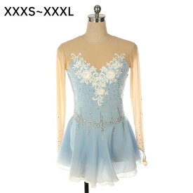 フィギュアスケート ドレス 女の子 レディース ブルー 水色 コンクール 衣装 競技用 演出服 レッスン着 透け感 アイスダンス アイススケ