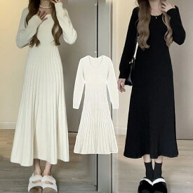 ニットワンピース ワンピース プリーツ　Aライン　秋冬 大人 レディース リブニット フレアスリーブ ロングワンピース カットソー ロングニット　タイトワンピース 冬物 無地 あったかい 秋