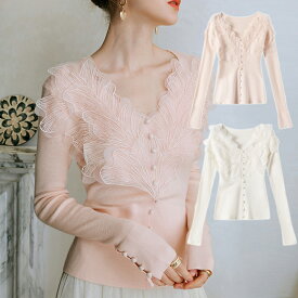 立体な花飾り ニット レディース リブニット vネック セクシー セーター 薄手 細身 長袖 春秋 レーストップス リブニット セーター レディース長袖　リブニット タイト