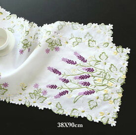 ラベンダーの花　カットワーク刺繍　テーブルセンター38X90cm　＃915