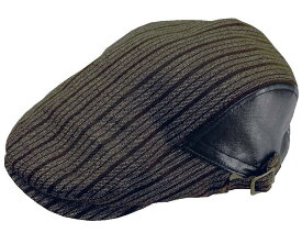 ラインデニム＆牛革456 ハンチング カジュアル 秋冬 帽子・日本製 本革・レザー・デニム・ストライプ 大きいサイズOK sp327