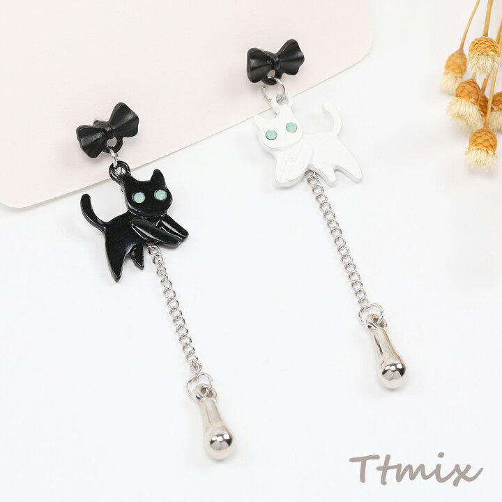 楽天市場】デザインピアス リボン＆猫のピアス 13.5×60mm ブラック 