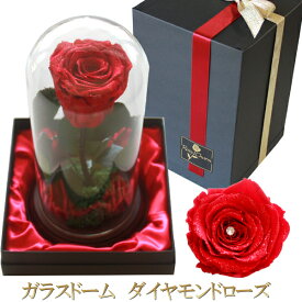 ガラスドーム ダイヤモンドローズ 1本 プリザーブドフラワー バラ 誕生日 プレゼント 結婚 記念日 プロポーズ お祝い 1輪 薔薇 ギフト BOX入り 枯れない 大輪 花 一本 贈り物 高級 ダイヤモンド ラメ付き おしゃれ 一輪 ボックス入り フラワーギフト 【赤・青・ピンク・黒】