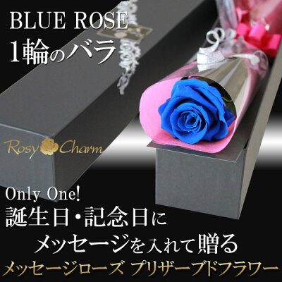 楽天市場 メッセージローズ プリザーブドフラワー 青いバラ 1輪 誕生日プレゼント プロポーズ 結婚 記念日 お祝いに贈る ブルーローズ 1本 枯れない 花束 メッセージ入り 青 薔薇 人気 メッセージフラワー ギフト ロージーチャーム 楽天市場店