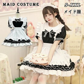 メイド服 コスプレ ロリータ ゴスロリ アリス 姫洋服 ハロウィン コスチューム 6点セット メイドカフェ アニメコスプレ 可愛い 衣装 仮装 大きいサイズ コンカフェ イベント 蝶結び 半袖 エプロン 女装 男ウケ 黒 cosplay イベント 文化祭