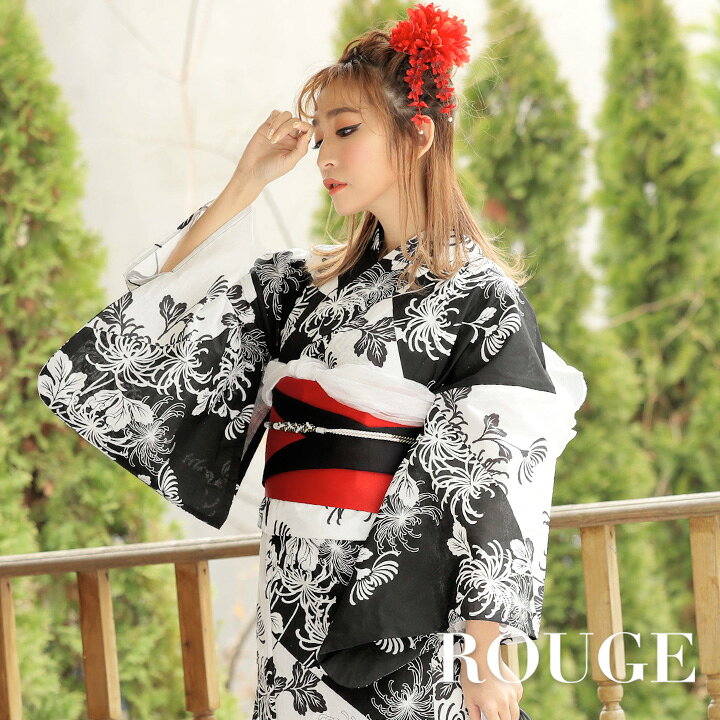楽天市場 送料無料 あす楽 浴衣3点セット モノトーン地 彼岸花模様浴衣セット レディース Rouge ルージュ Y375 Rouge